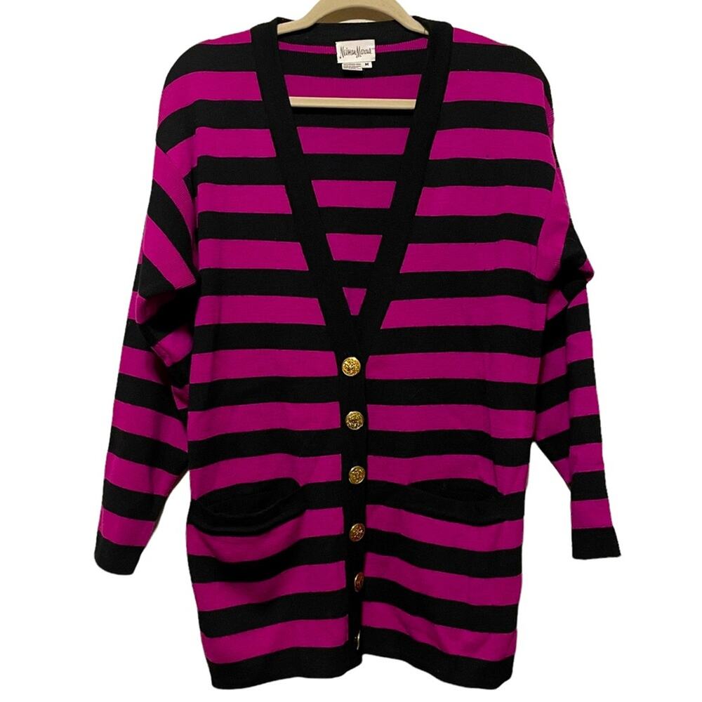 Neiman Marcus 100% Wool Button Up Striped Cardigan